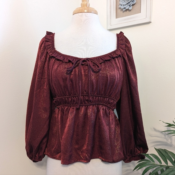 Blu Pepper | Tops | Blu Pepper Wine Metallic Gold Long Sleeve Ruffle ...